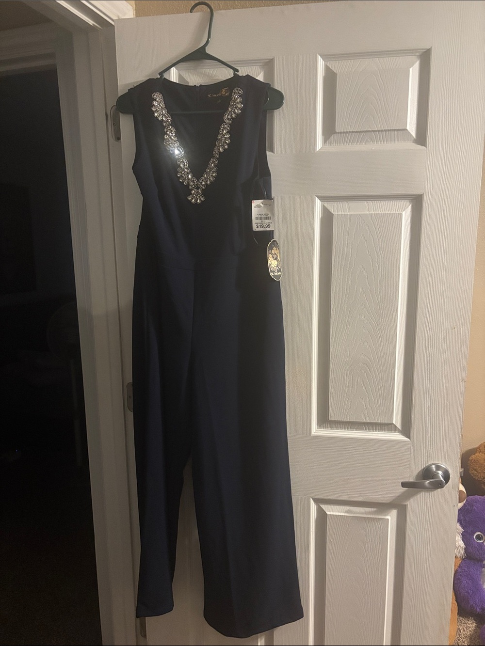 Strapless Navy Jumpsuit with Jeweled V-Neck